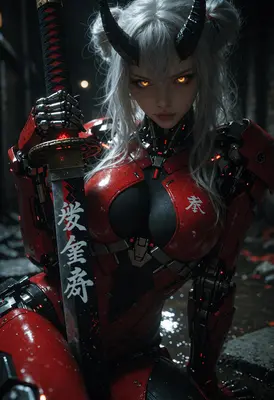 Cybernetic Demon Warrior with Glowing Blade