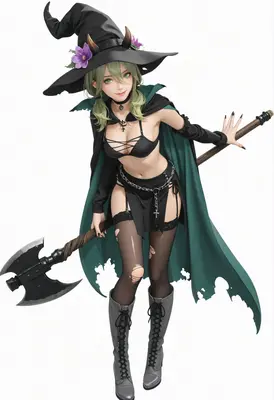 Green Haired Witch with Battle Axe