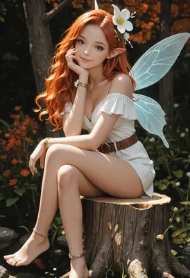 Enchanting Fairy Resting on Tree Stump