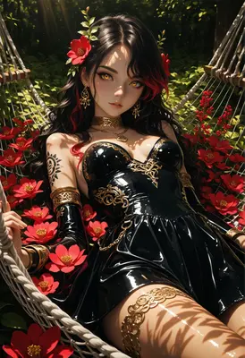 Gothic Beauty Resting in Floral Hammock