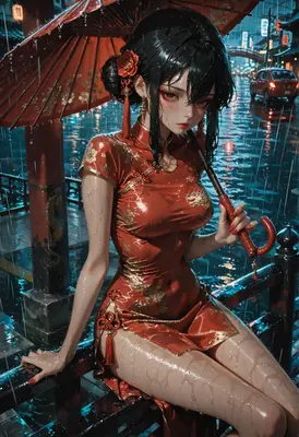 Red Qipao Girl in Rainy Night