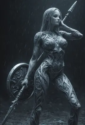 The Sculpted Warrior in Rain