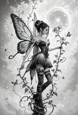 Monochrome Fairy Among Thorny Vines