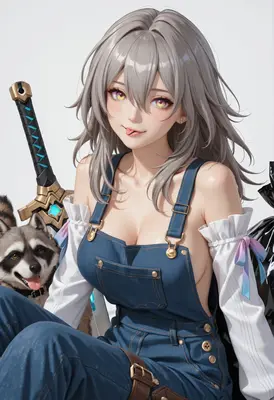 Playful Anime Girl with Raccoon Companion