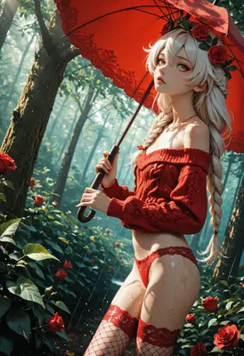 Girl in Red Roses Rain