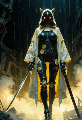 Cybernetic Ronin in Rainy Ruins