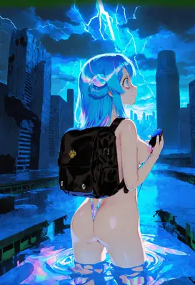 Neon Wanderer in Ruined City