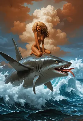 Curly Haired Goddess Riding A Shark