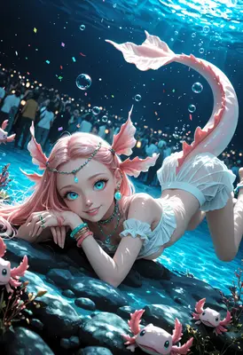 Pink Haired Mermaid and Axolotls