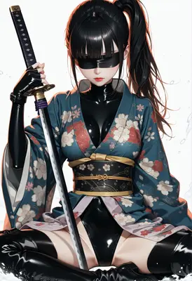 Blindfolded Samurai in Floral Latex