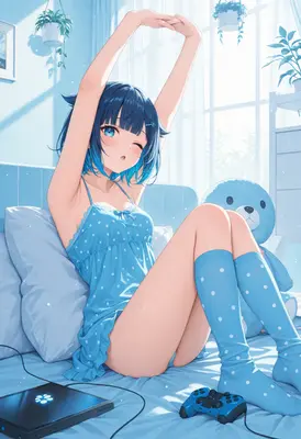 Morning Stretch in Blue Pajamas