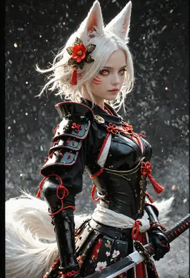 Kitsune Warrior in Black Samurai Armor