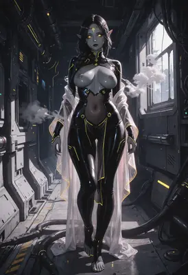 Cybernetic Elf in Dark Sci-Fi Corridor