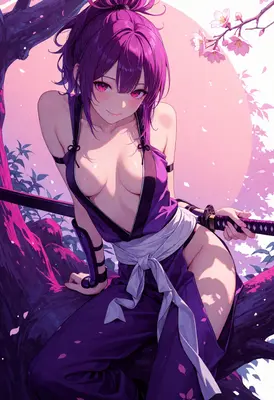 Purple Haired Kunoichi in Cherry Blossoms