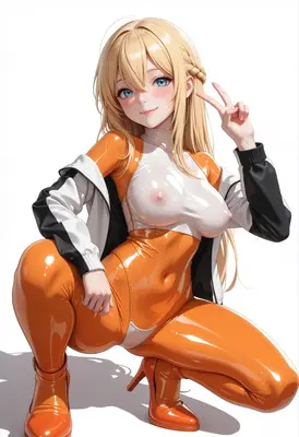 Cheerful Blonde in Shiny Orange Suit