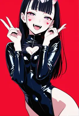 Playful Oni Girl in Shiny Latex