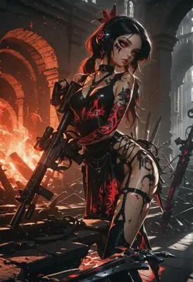 Gothic Warrior Among Burning Ruins