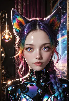 Cosmic Cat Girl in Iridescent Latex