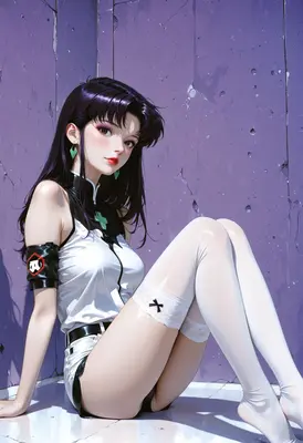 Misato Katsuragi Resting Against Purple Wall