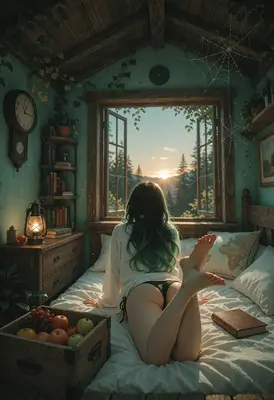 Serene Sunset in a Rustic Cabin