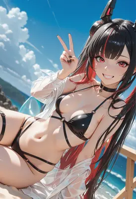Cheerful Beachside Anime Girl Peace Sign