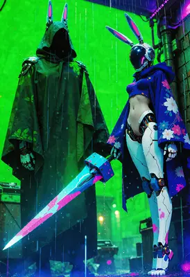 Cybernetic Bunny Warriors in Neon Rain