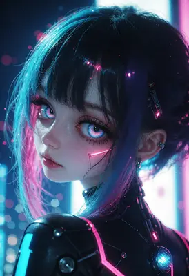 Cybernetic Girl with Glowing Neon Eyes