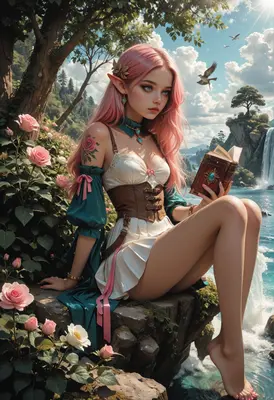 Elf Maiden Reading by the Waterfall
