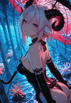 Demon Girl Under Glowing Coral Umbrella