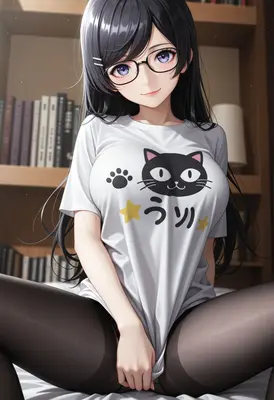Studious Girl in Cat T-shirt