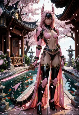 Pink Cybernetic Samurai in Cherry Blossoms