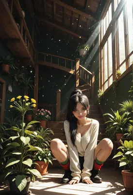 Girl Crouching in Sunlit Greenhouse