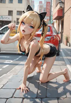 Playful Cat Girl on City Street