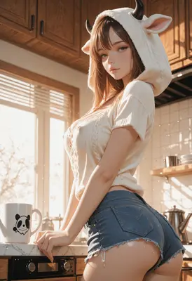 Cozy Morning Cow Girl in Kitchen