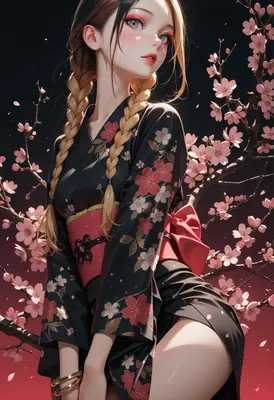 Young Girl in Traditional Floral Kimono