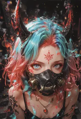 Cyberpunk Oni Girl with Gas Mask