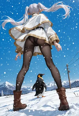Frieren Encountering a Penguin in Snow