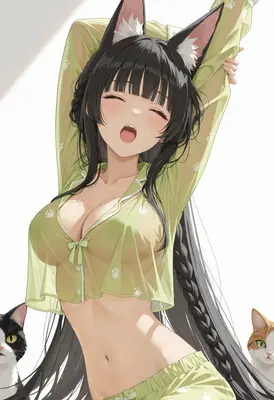 Cat Girl Stretching in Morning Pajamas