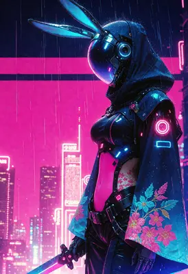 Cybernetic Bunny Warrior in Neon Rain