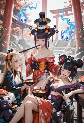 Shrine Maidens Enjoying a Festive Feast