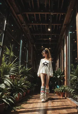 Starry Sweater Girl in Botanical Hallway