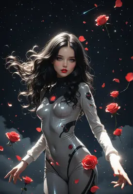 Cybernetic Beauty Amidst Falling Roses