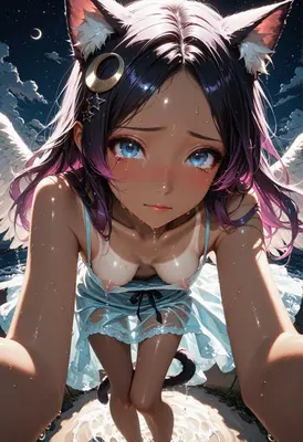 Tearful Angel Cat Girl Under Moonlight