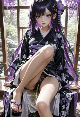 Serene Purple Kimono Girl at Onsen