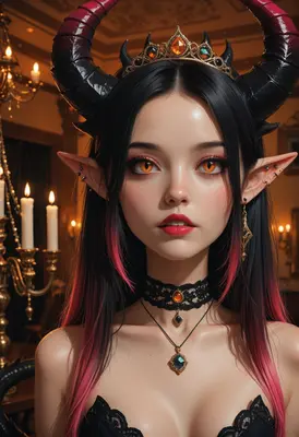 Gothic Demon Queen in Candlelit Hall