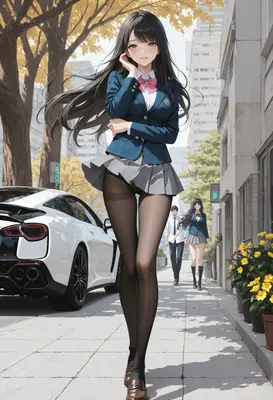 Schoolgirl Walking Past a Sports Car