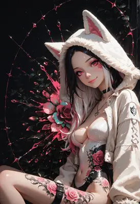 Cat Eared Girl with Floral Tattoos