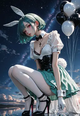 Starlit Bunny Girl with Floating Balloons