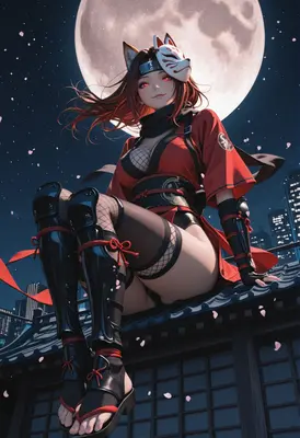 Moonlit Kitsune Ninja on Rooftop