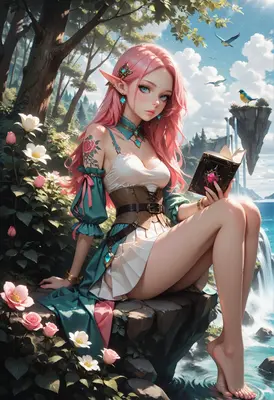 Elven Scholar Reading by the Falls